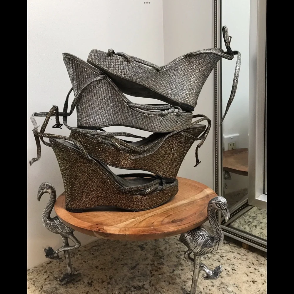 SEXY BCBG Bronze & Silver 2 Pairs “As Is” Glittery Wedges Sz 7…